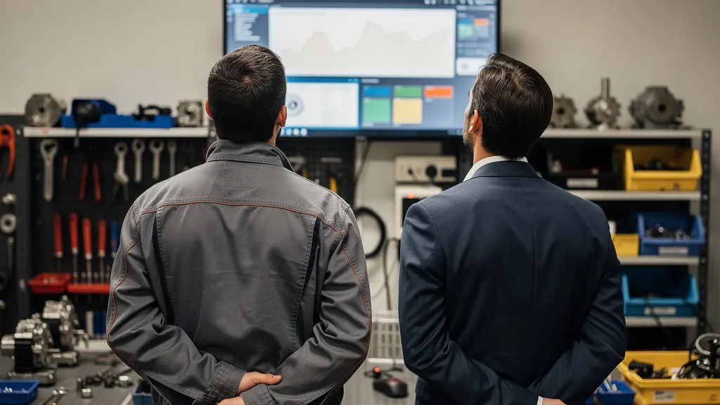 Technicien vérifiant le système de monitoring d'une installation photovoltaïque professionnelle