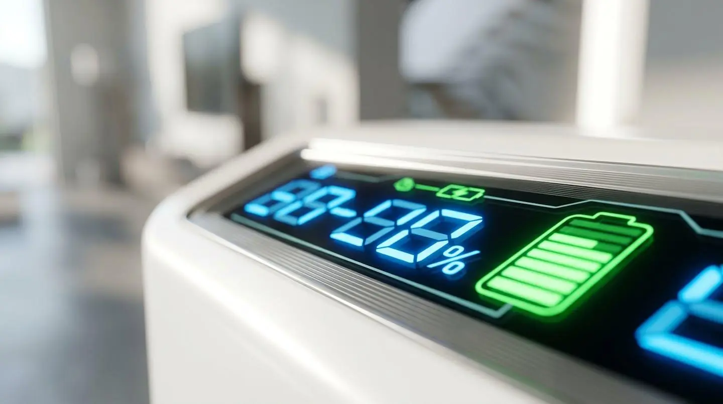 Gros plan sur l'écran digital d'une batterie de stockage solaire domestique affichant le niveau de charge avec des indicateurs LED bleus sur une surface blanche moderne