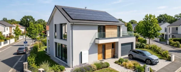 Vue d'une maison pavillonnaire française moderne équipée de panneaux photovoltaïques sur sa toiture inclinée et d'un boîtier de batterie de stockage fixé au mur extérieur sous un ciel bleu lumineux