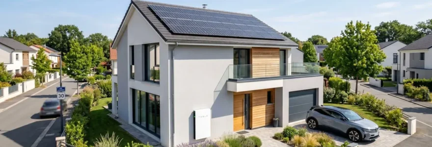 Vue d'une maison pavillonnaire française moderne équipée de panneaux photovoltaïques sur sa toiture inclinée et d'un boîtier de batterie de stockage fixé au mur extérieur sous un ciel bleu lumineux