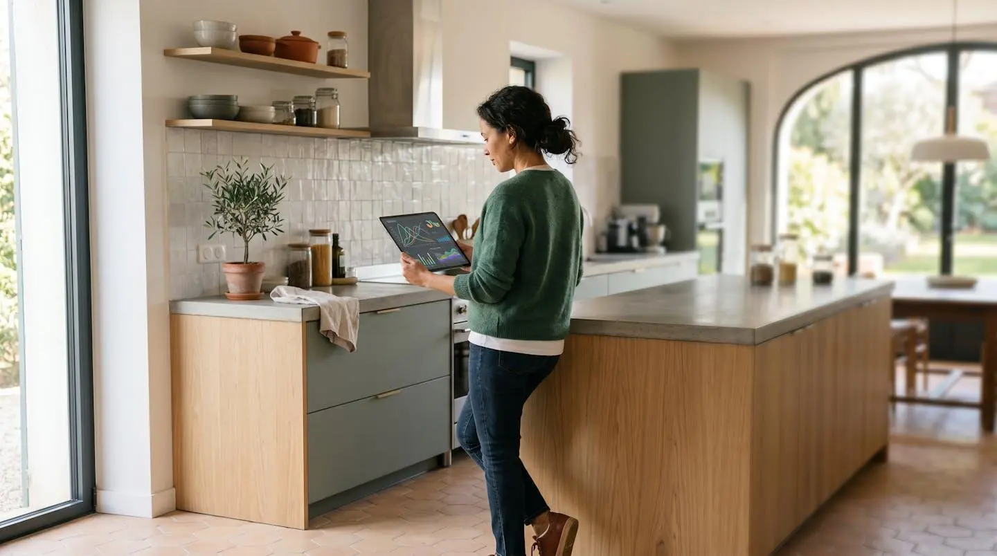 Une personne vue de dos en vêtements décontractés contemporains consulte une tablette affichant des courbes de production solaire debout dans une cuisine française moderne et lumineuse avec lumière naturelle de fenêtre